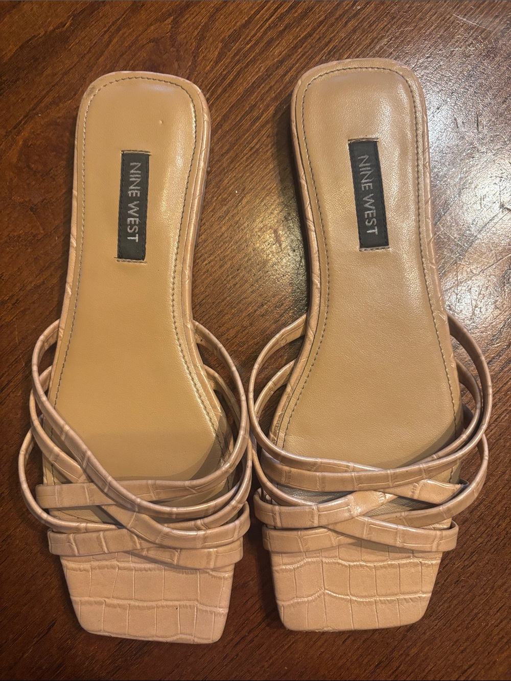 Nine West Beige Croc-Embossed Strappy Slide Sandals